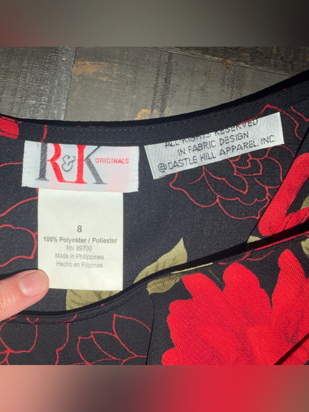 Vintage Women's R&K originals size 8 Black Dress with Red Floral Pattern - Picture 3 of 4